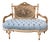 French Louis XVI Style Tufted Settee – Sky Blue Velvet With Gold Leaf Frame & Decorative Tapestry Panel For Sale
