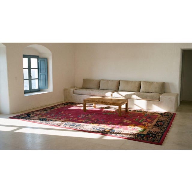 Raspberry Red Classic Red-Raspebery Background With Black Border Antique Chinese Art Deco Rug For Sale - Image 8 of 10