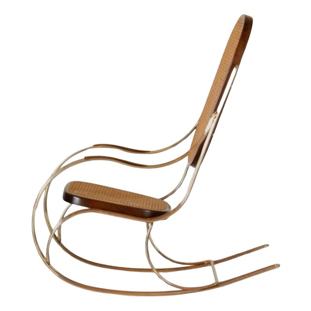 Mid-Century Modern Brass and Wicker Rocking Chair, 1970s For Sale