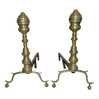Pair of Turned 18th Century Peened Brass Wrought Iron Georgian Andirons 1700's For Sale