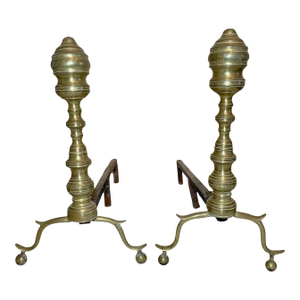 Pair of Turned 18th Century Peened Brass Wrought Iron Georgian Andirons 1700's