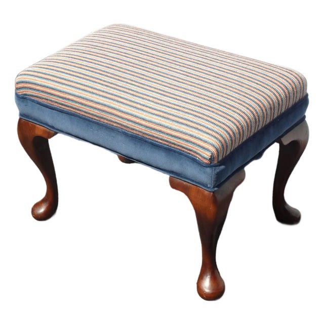 Vintage Queen Anne Blue Stripped Footstool Bench For Sale
