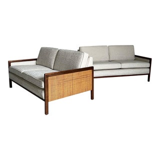 Vintage Pair of Newly Upholstered White and Cane Loveseat Sofas - a Pair For Sale