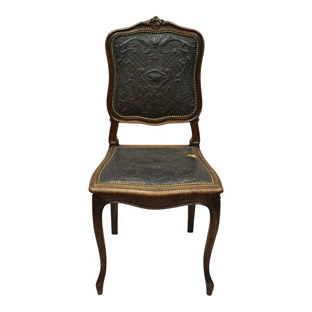 Early 20th Century Antique French Louis XV Style Brown Embossed Leather Walnut Dining Side Chair For Sale