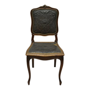 Early 20th Century Antique French Louis XV Style Brown Embossed Leather Walnut Dining Side Chair
