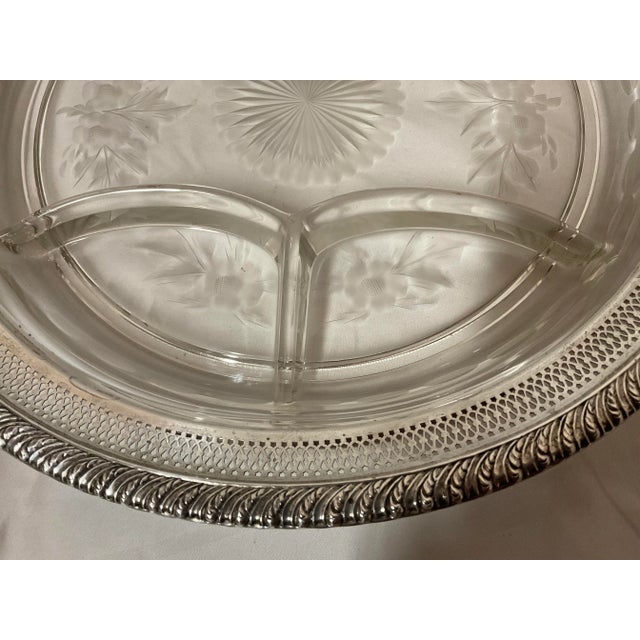 Early 20th Century Large Early 20th Century Sterling Etched Crystal Divided Serving Dish For Sale - Image 5 of 7