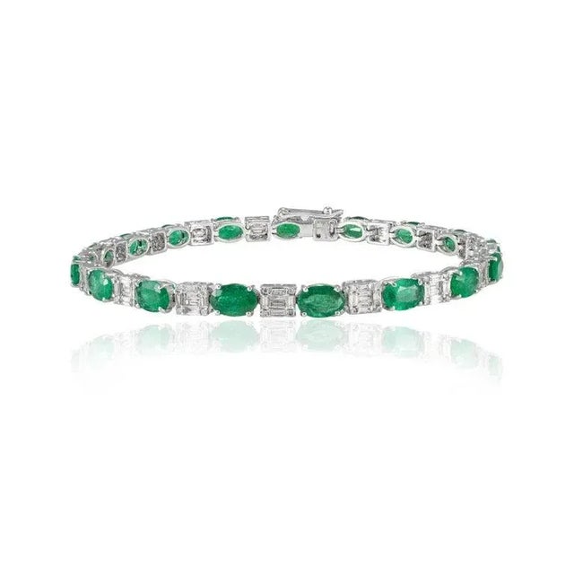 Not Yet Made - Made To Order Solid 18k White Gold 6.64 Carat Natural Emerald and Diamond Tennis Bracelet For Sale - Image 5 of 11