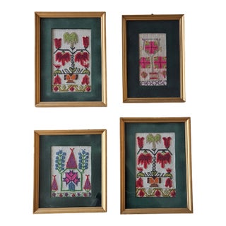 Set of Four Vintage Turkish Folk Art Needlepoint Textile Panels For Sale