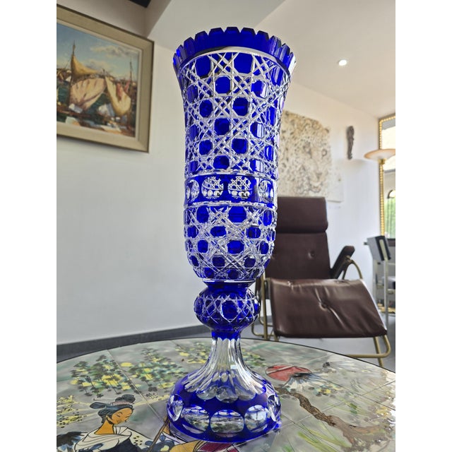 Blue Large Cobalt Blue Cut Crystal Vase from Les Grands Ducs, 1980s For Sale - Image 8 of 12