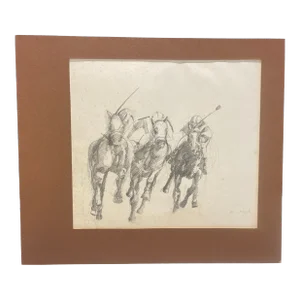 Late 20th Century, Original PencilDrawing, "To the Races" Equestrian Theme, by Margaret Ovcjak