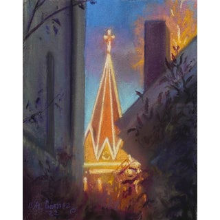 November Spire by Bruce A Gómez | Pastel Painting of a church spire at dusk For Sale
