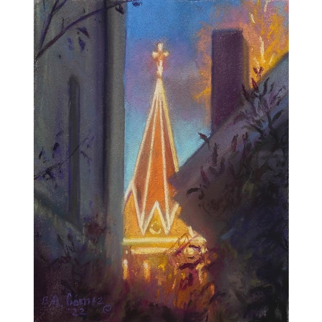 November Spire by Bruce A Gómez | Pastel Painting of a church spire at dusk For Sale