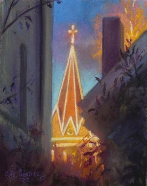 November Spire by Bruce A Gómez | Pastel Painting of a church spire at dusk