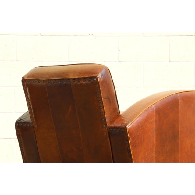 Vintage Pair Art Deco Revival Distressed Brown Leather Club Chairs & Ottomans, 1980s For Sale - Image 13 of 18