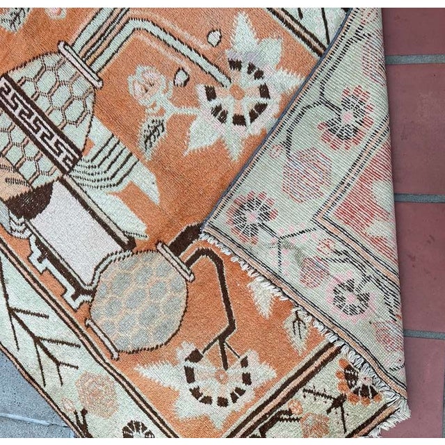 Antique Khotan Rug 4’5” x 7’5” – East Turkestan Wool Rug, Stylized Vase & Floral Design, Art Deco Style Rug, Orange Ivory...