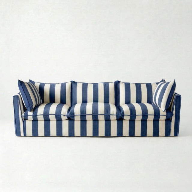 Sophie Conran Coco 4 Seater Sofa - Sea Holly Blue Stripes with Knife Edge Cushion For Sale - Image 4 of 4