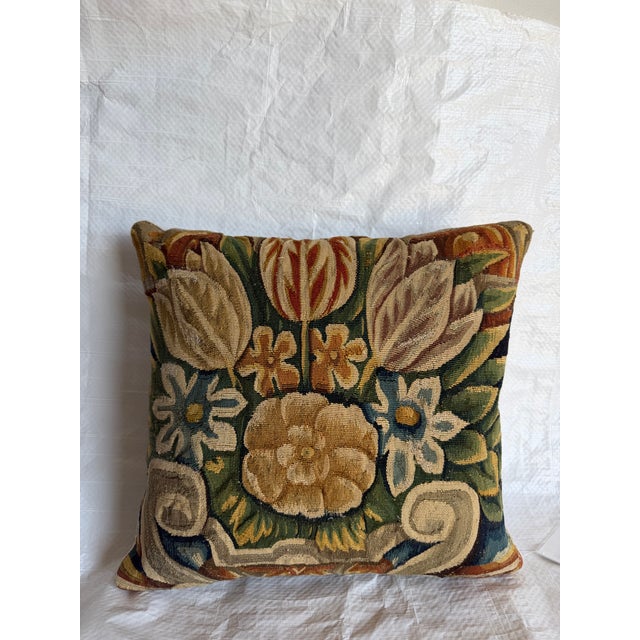 An exceptional 16th century Brussels tapestry pillow, handcrafted from an antique Flemish tapestry fragment featuring an...