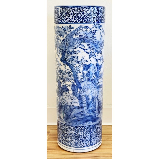 Vintage Chinoserie style ceramic blue and white floral and animal design umbrella stand. Taller than most at 24.5"H. Age...
