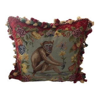 Vintage Monkey Fruits & Flowers Needlepoint Pillow For Sale