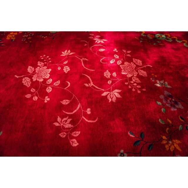 1920s Antique Fuschia Asymmetrical Floral Handknotted Wool Chinese Art Deco Rug For Sale - Image 4 of 8
