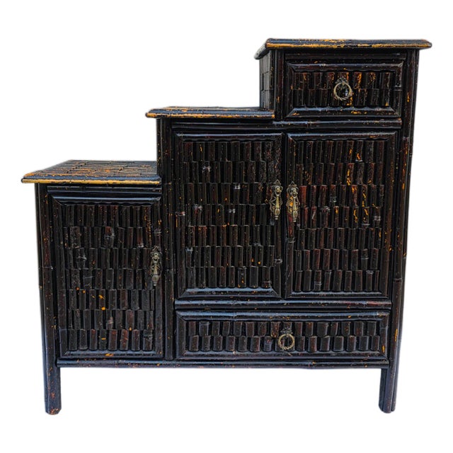 Tiered Split Reed Japandi Tansu Chest – Sculptural 1990s Cabinet For Sale