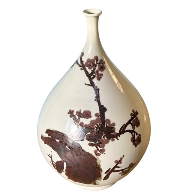 Mid-Century Asian White Pottery Bottle Vase With Brown Plum Blossoms For Sale - Image 4 of 17