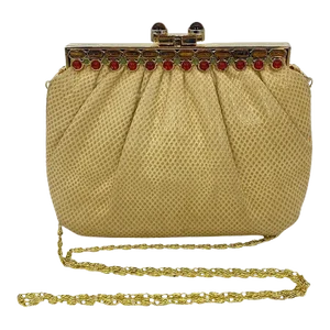 Judith Leiber Beige Lizard Tiger Eye Gemstone Top Clutch