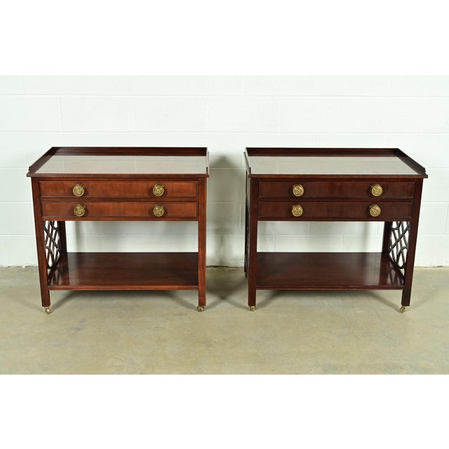 Baker Furniture Company Baker Furniture Historic Charleston Chippendale Carved Mahogany Rolling Buffet Servers, Pair For Sale - Image 4 of 11