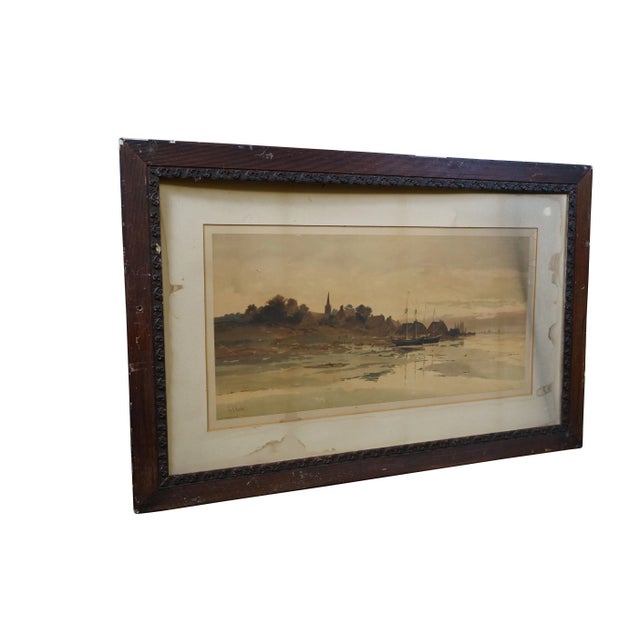 Victorian Antique Louis Kinney Harlow Coastal Sailboats Seascape Chromolithograph Print 41" For Sale - Image 3 of 12