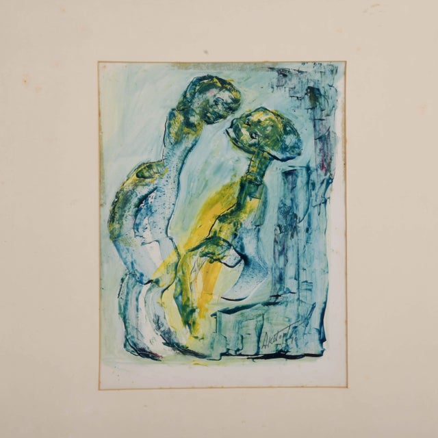 This intriguing Framed Signed J. Akston "Do you Mean It? 1970" Mixed Media piece captures an abstract interaction between...