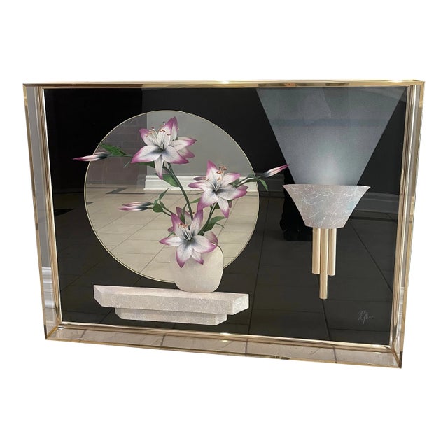 Vintage 1980s Mixed Media 3d Art Jon Gilmore Shadow Box With Flower/Vase Acrylic Plexiglass Case For Sale