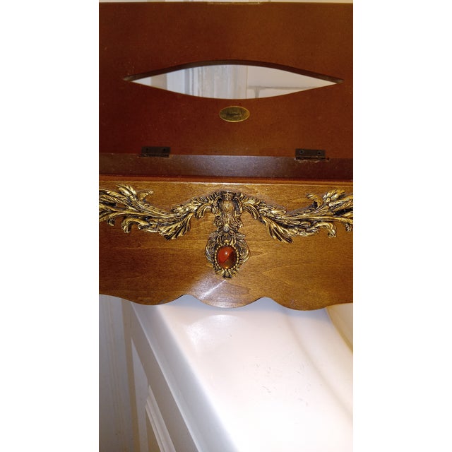 Traditional Country Rustic Elegant Box: Solid Wood, Hinged Lid, Gold Tone Trim, Scalloped Walnut Ornamental Facial Tissue Napkin Holder Decor For Sale - Image 9 of 18