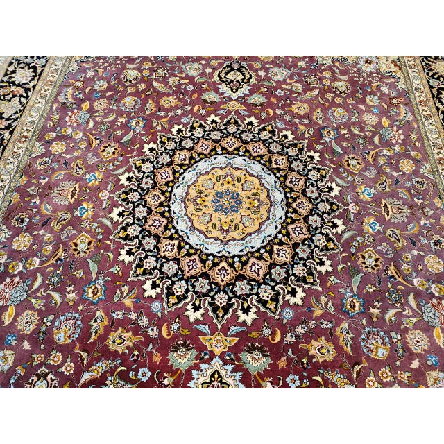 Vintage Persian Tabriz Rug, Hand-Knotted Wool & Silk, Fine Floral Pattern, Burgundy & Navy, 10x13 For Sale In Chicago - Image 6 of 18