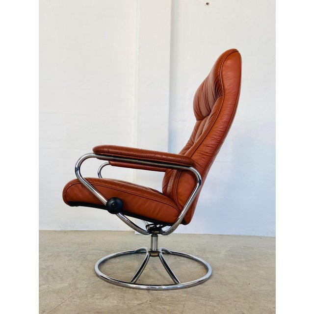 Vintage Cognac Leather Ekornes Stressless Reclining Lounge Chair & Stool 1960,s For Sale - Image 17 of 18