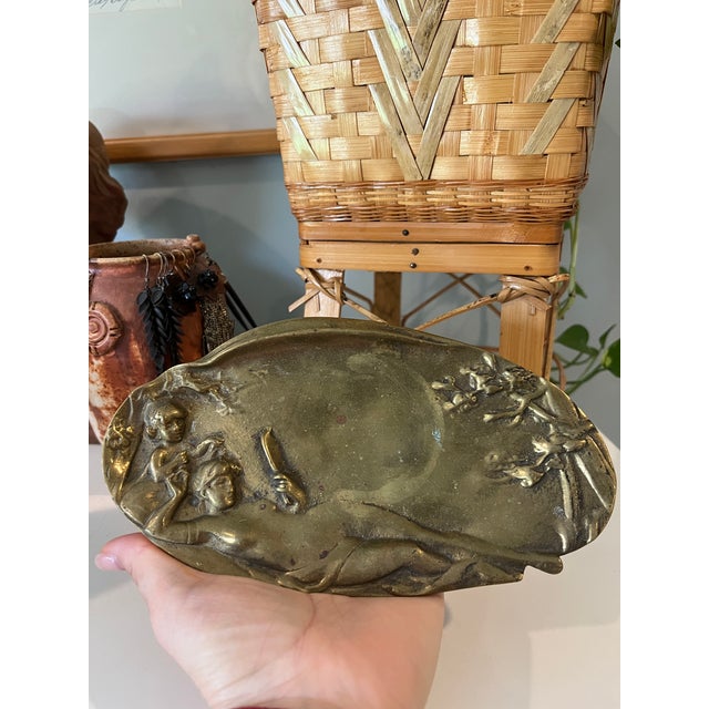 Antique Woman Pin Card Bronze Art Deco Art Nouveau Dish Tray Catchall For Sale - Image 6 of 6