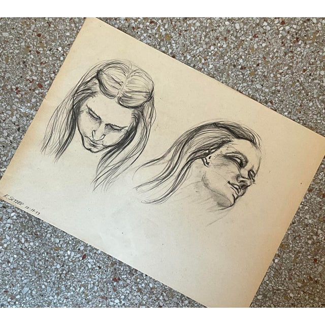 Cream Vintage Boho Original Signed Nude Sketch For Sale - Image 8 of 9