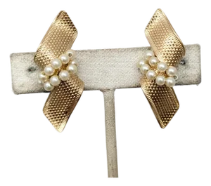 Vintage 1950s Signed Napier Goldtone "Ribbon" Faux-Pearl Clip Earrings-2 Pieces