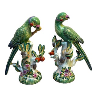 Wong Lee Style Green Chinoiserie Parrot Sculptures, Set of 2 For Sale