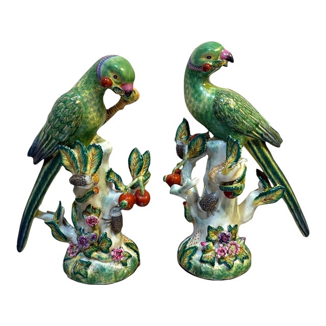 Wong Lee Style Green Chinoiserie Parrot Sculptures, Set of 2 For Sale
