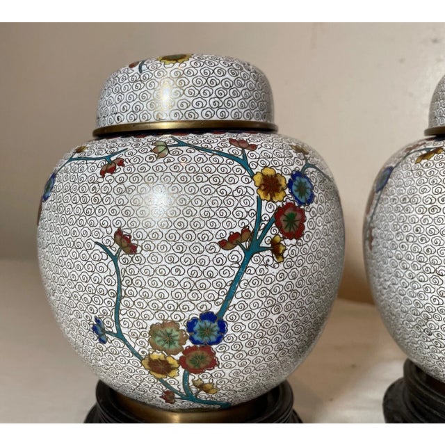 Pair High Quality Antique Handmade Chinese Enamel Bronze Cloisonné Ginger Jars For Sale - Image 9 of 14