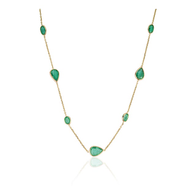 3.4Carat Natural Zambian Emerald Station Bezel Necklace in 14k Yellow Gold For Sale