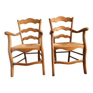 1990s Pair of Ladder Back Straw Seat Chairs For Sale