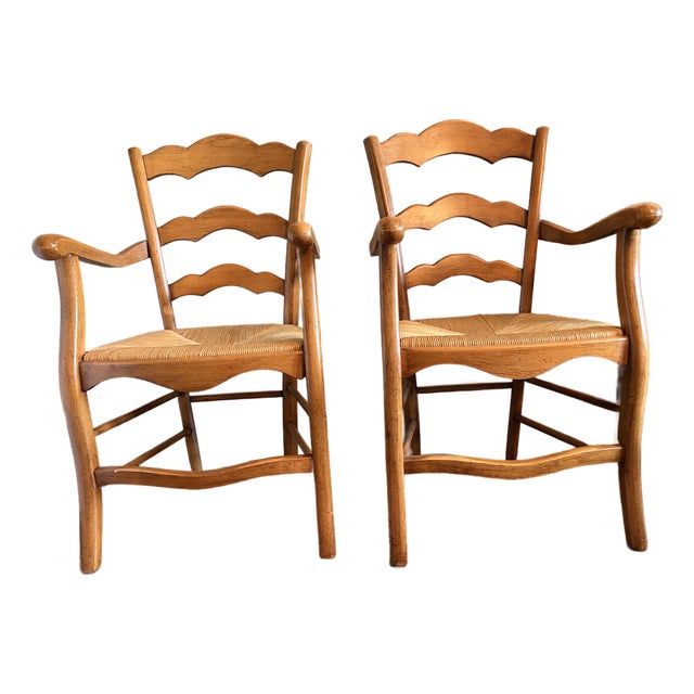 1990s Pair of Ladder Back Straw Seat Chairs For Sale