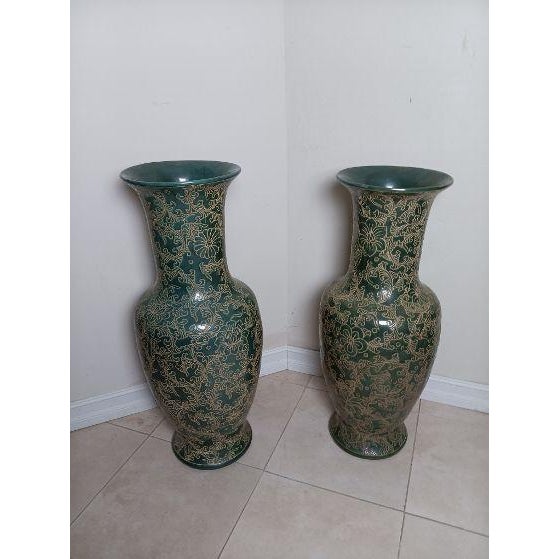 Green Gold Chinese Porcelain Vases Foliage Scrollwork Set of 2 For Sale - Image 10 of 10