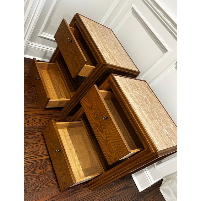 Designer nightstand from Jake Arnold's collaboration with Crate & Barrel, blending a Barley Brown travertine top with warm...