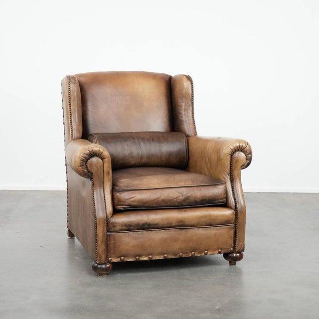 Large Cowhide Leather Wing Chair For Sale - Image 16 of 16