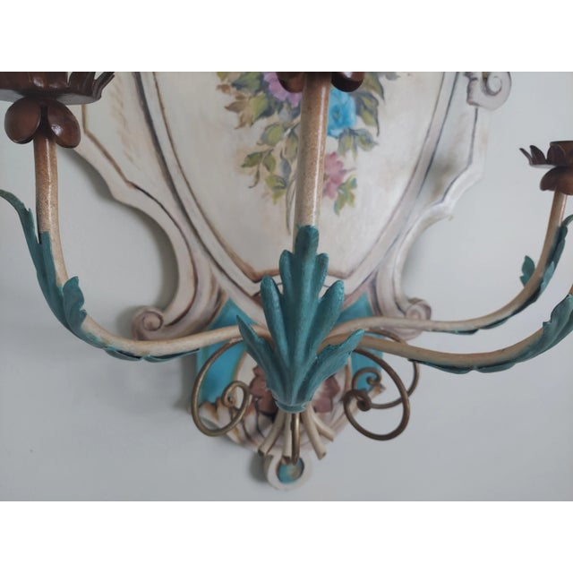Vintage Hand Painted Italian Style Wooden Wall Sconce With Metal 4 Branch Candleholder For Sale - Image 10 of 15