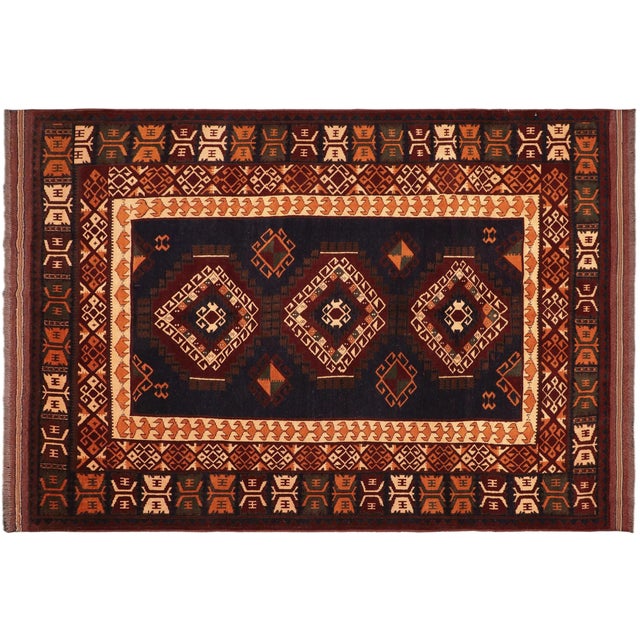 Rustic Tibal 1980's Kargahi Blue/Rust Wool Rug - 6'11'' X 9'11'' For Sale - Image 9 of 10