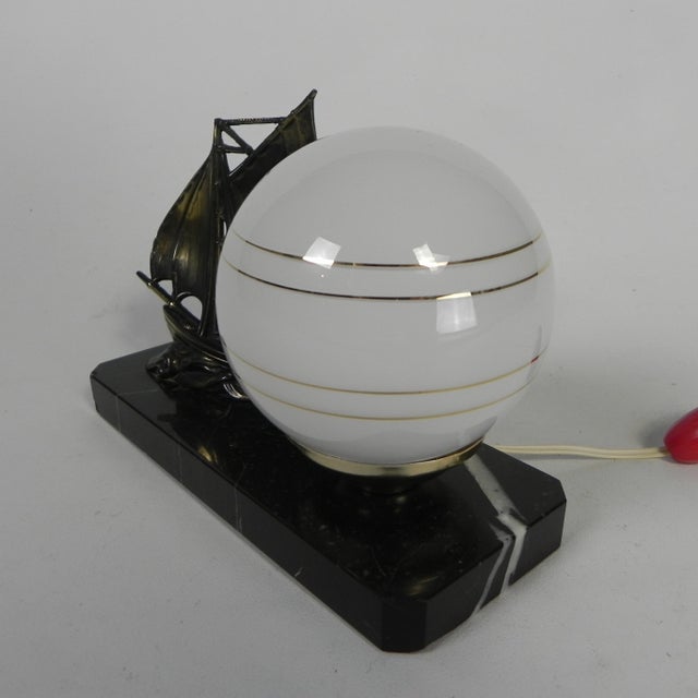 Glass Art Deco Desk Lamp with Sailboat and Globe on Marble Base, 1930s For Sale - Image 7 of 16