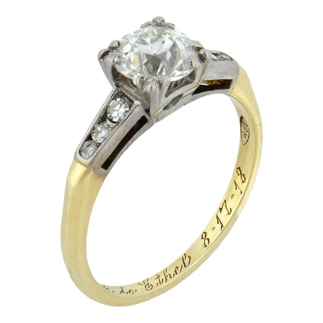 Mid 20th Century Retro Gia 0.92 Carat Old European Diamond 14k Two Tone Engagement Ring, Size 6.5 For Sale